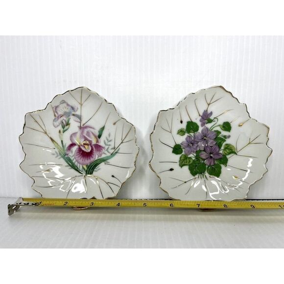2 Vintage Nasco Japan violet Floral Trinket Dish Leaf Shape 5" shell 3. 5" - Picture 4 of 8
